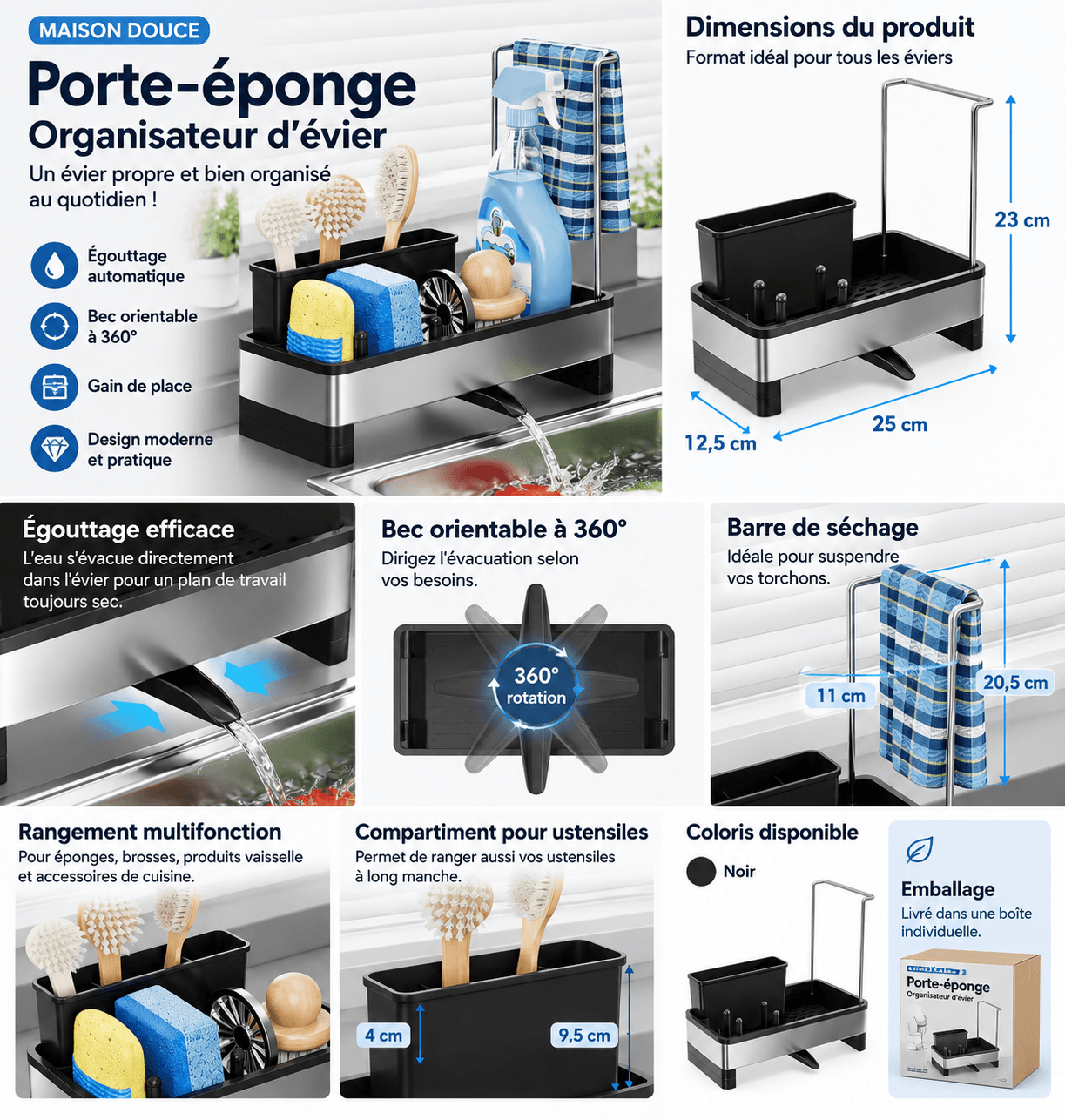 Support Éponge Évier Noir – Égouttoir Auto-Drainant